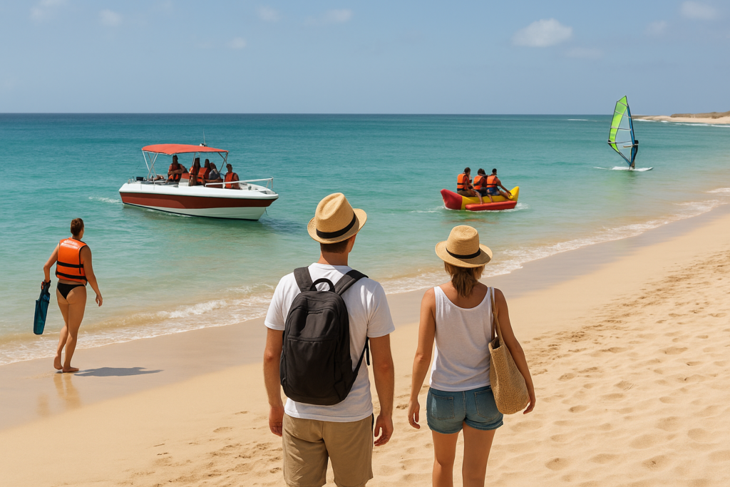 Tourists enjoying Sal Island activities on the beach with excursions, featuring things to do in Sal Cape Verde